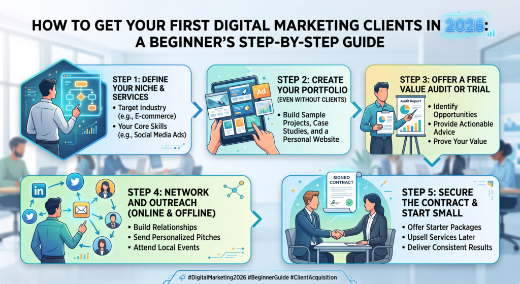 How to Get Your First Digital Marketing Clients in 2026: A Beginner’s Step-by-Step Guide